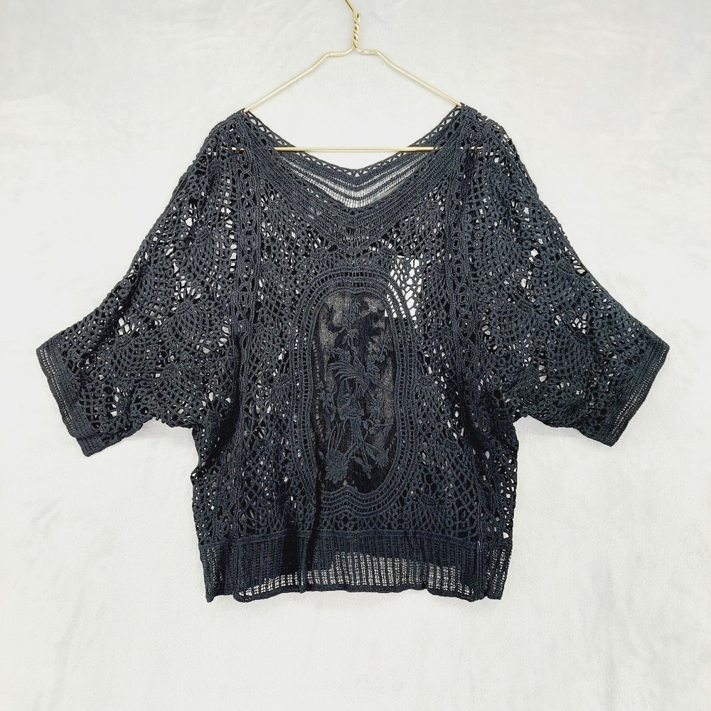 New Colleen Lopez Black Crochet Embroidered Top Tunic Casual P4864